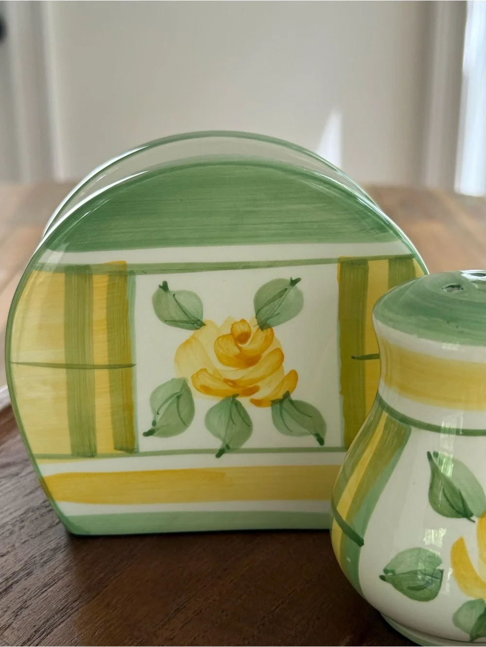 Royal Norfolk Yellow Rose Green Ceramic Napkin Holder, Salt Pepper Shakers